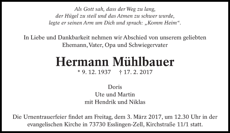  Traueranzeige für Hermann Mühlbauer vom 28.02.2017 aus Eßlinger Zeitung/Cannstatter Zeitung