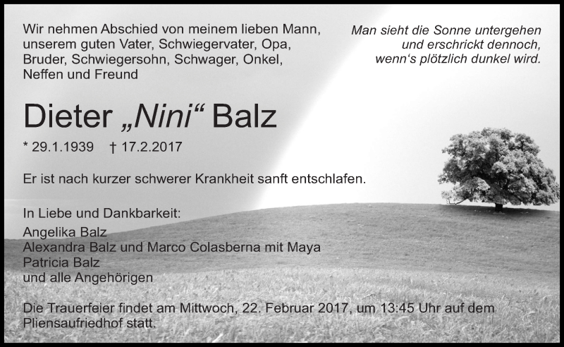  Traueranzeige für Dieter Balz vom 21.02.2017 aus Eßlinger Zeitung/Cannstatter Zeitung