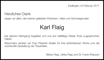 Traueranzeige von Karl Flaig von Eßlinger Zeitung/Cannstatter Zeitung