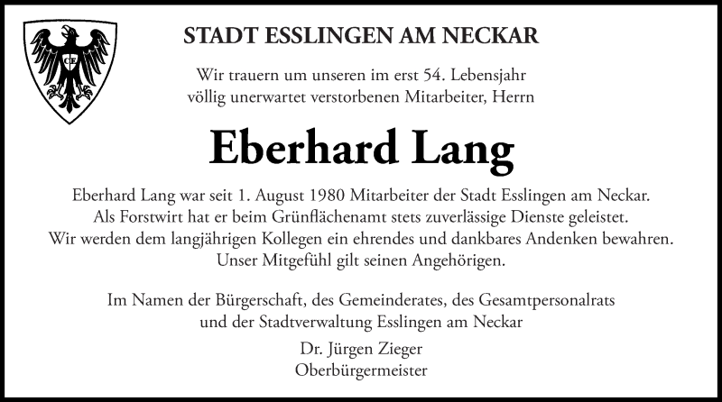  Traueranzeige für Eberhard Lang vom 01.02.2017 aus Eßlinger Zeitung/Cannstatter Zeitung