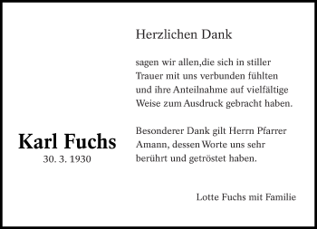Traueranzeige von Karl Fuchs von Eßlinger Zeitung/Cannstatter Zeitung