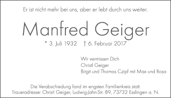 Traueranzeige von Manfred Geiger von Eßlinger Zeitung/Cannstatter Zeitung