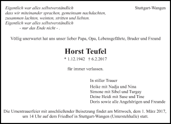 Traueranzeige von Horst Teufel von Eßlinger Zeitung/Cannstatter Zeitung