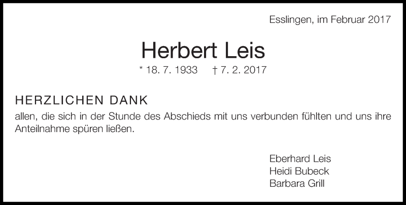  Traueranzeige für Herbert Leis vom 24.02.2017 aus Eßlinger Zeitung/Cannstatter Zeitung
