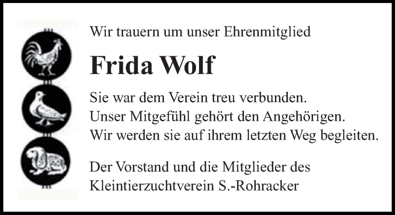  Traueranzeige für Frida Wolf vom 20.02.2017 aus Eßlinger Zeitung/Cannstatter Zeitung