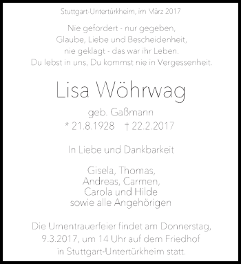 Traueranzeige von Lisa Wänrwag von Eßlinger Zeitung/Cannstatter Zeitung