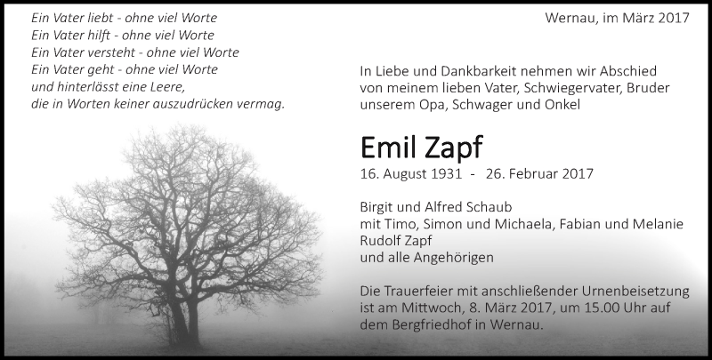  Traueranzeige für Emil Zapf vom 04.03.2017 aus Eßlinger Zeitung/Cannstatter Zeitung