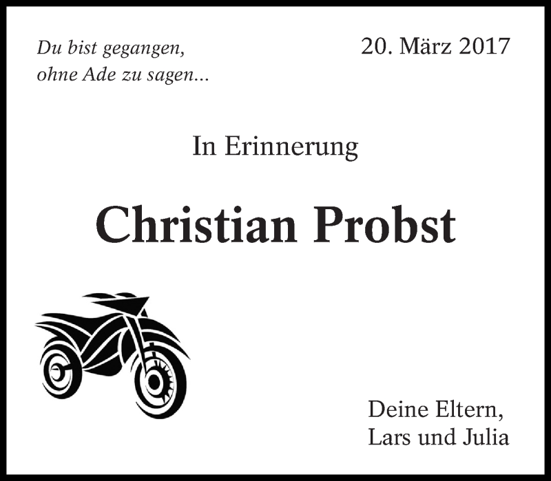  Traueranzeige für Christian Probst vom 21.03.2017 aus Eßlinger Zeitung/Cannstatter Zeitung