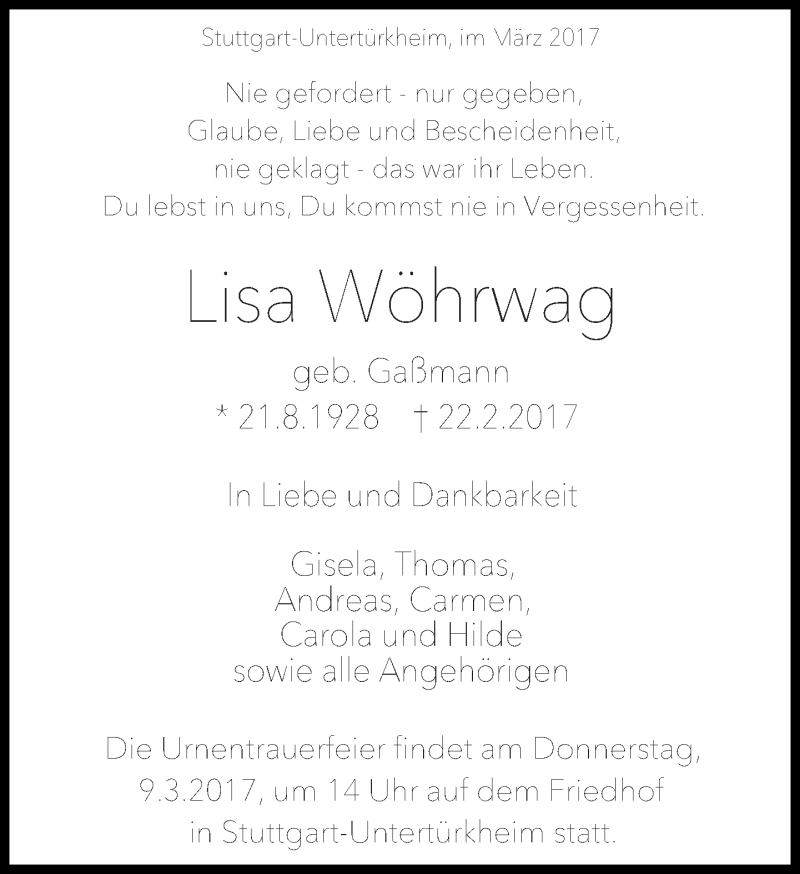  Traueranzeige für Lisa Wänrwag vom 03.03.2017 aus Eßlinger Zeitung/Cannstatter Zeitung