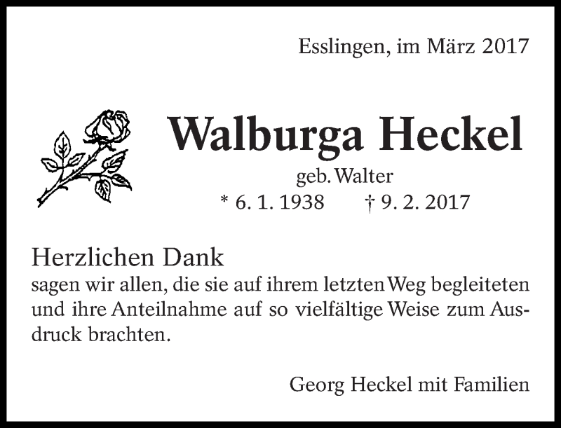  Traueranzeige für Walburga Heckel vom 09.03.2017 aus Eßlinger Zeitung/Cannstatter Zeitung