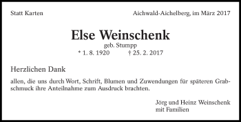 Traueranzeige von Else Weinschenk von Eßlinger Zeitung/Cannstatter Zeitung