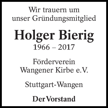 Traueranzeige von Holger Bierig von Eßlinger Zeitung/Cannstatter Zeitung