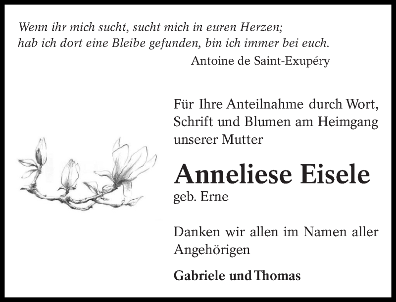  Traueranzeige für Anneliese Eisele vom 11.03.2017 aus Eßlinger Zeitung/Cannstatter Zeitung
