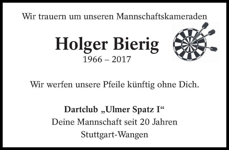  Traueranzeige für Holger Bierig vom 17.03.2017 aus Eßlinger Zeitung/Cannstatter Zeitung