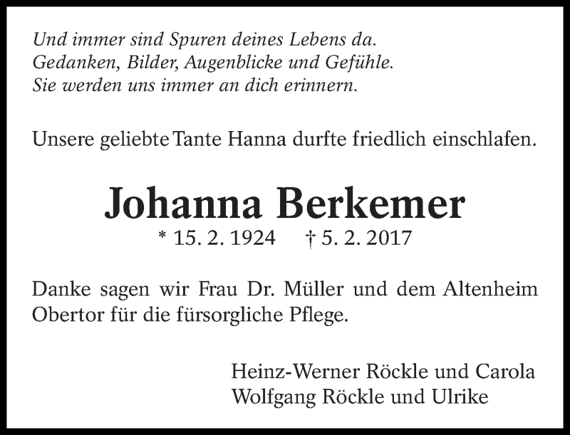  Traueranzeige für Johanna Berkemer vom 04.03.2017 aus Eßlinger Zeitung/Cannstatter Zeitung
