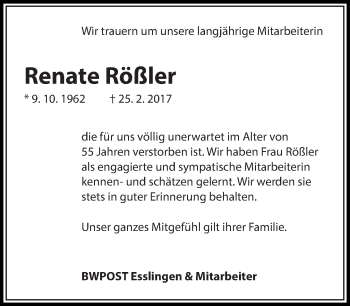 Traueranzeige von Renate Rößler von Eßlinger Zeitung/Cannstatter Zeitung