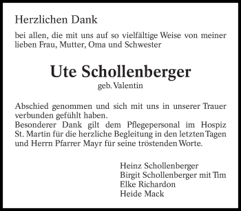 Traueranzeige von Ute Schollenberger von Eßlinger Zeitung/Cannstatter Zeitung