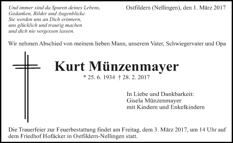  Traueranzeige für Kurt Münzenmayer vom 01.03.2017 aus Eßlinger Zeitung/Cannstatter Zeitung