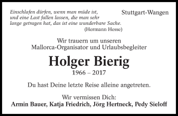 Traueranzeige von Holger Bierig von Eßlinger Zeitung/Cannstatter Zeitung
