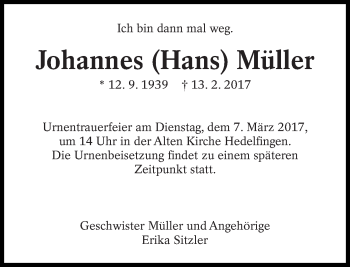 Traueranzeige von Johannes  Müller von Eßlinger Zeitung/Cannstatter Zeitung
