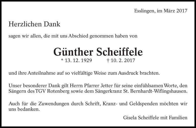  Traueranzeige für Günther Scheiffele vom 04.03.2017 aus Eßlinger Zeitung/Cannstatter Zeitung
