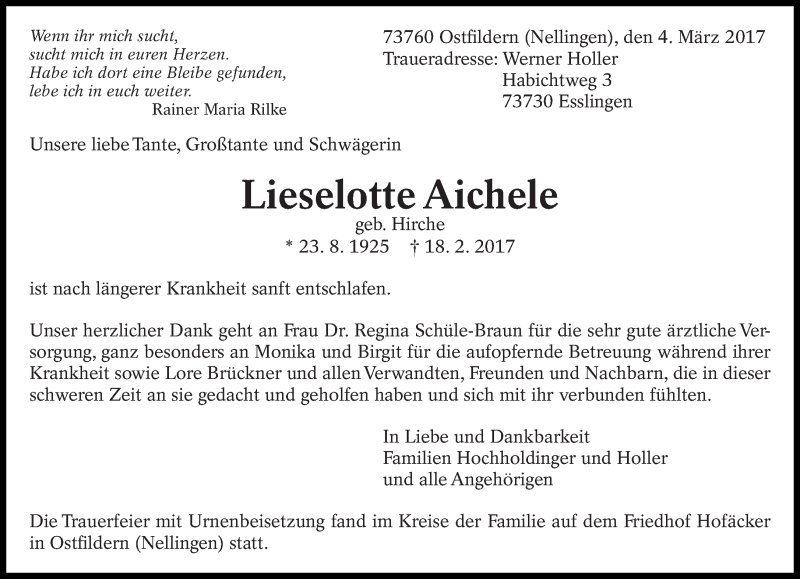  Traueranzeige für Lieselotte Aichele vom 04.03.2017 aus Eßlinger Zeitung/Cannstatter Zeitung