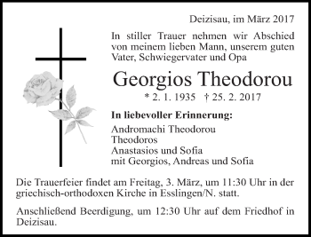 Traueranzeige von Georgios Theodorou von Eßlinger Zeitung/Cannstatter Zeitung