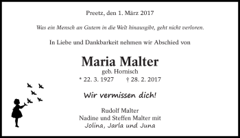 Traueranzeige von Maria Malter von Eßlinger Zeitung/Cannstatter Zeitung