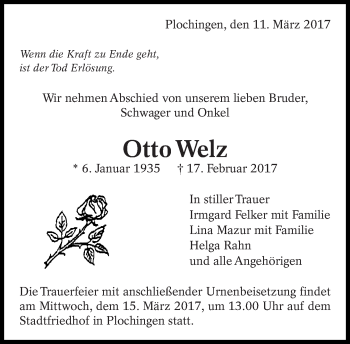 Traueranzeige von Otto Welz von Eßlinger Zeitung/Cannstatter Zeitung