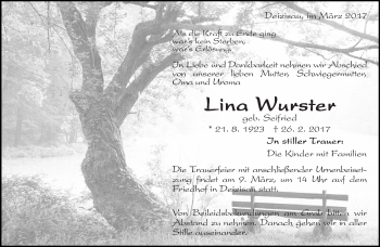 Traueranzeige von Lina Wurster von Eßlinger Zeitung/Cannstatter Zeitung