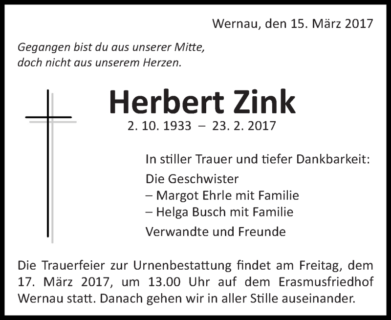  Traueranzeige für Herbert Zink vom 15.03.2017 aus Eßlinger Zeitung/Cannstatter Zeitung
