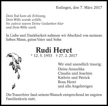 Traueranzeige von Rudi Heret von Eßlinger Zeitung/Cannstatter Zeitung