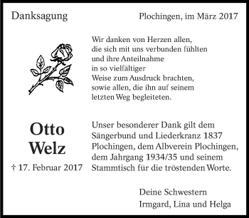 Traueranzeige von Otto Welz von Eßlinger Zeitung/Cannstatter Zeitung