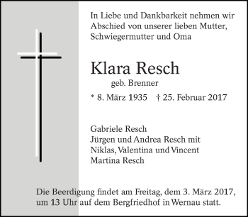Traueranzeige von Klara Resch von Eßlinger Zeitung/Cannstatter Zeitung