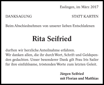 Traueranzeige von Rita Seifried von Eßlinger Zeitung/Cannstatter Zeitung