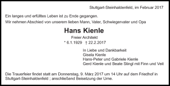 Traueranzeige von Hans Kienle von Eßlinger Zeitung/Cannstatter Zeitung