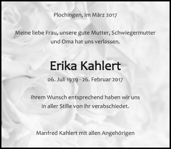 Traueranzeige von Erika Kahlert von Eßlinger Zeitung/Cannstatter Zeitung
