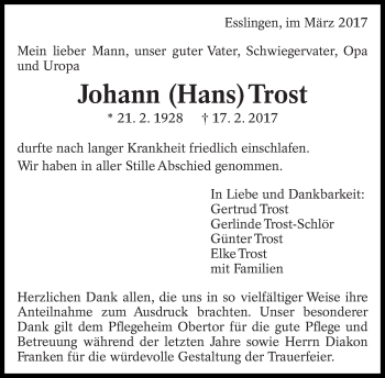 Traueranzeige von Johann Trost von Eßlinger Zeitung/Cannstatter Zeitung