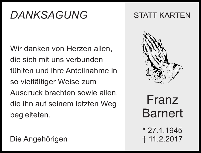 Traueranzeige für Franz Barnert vom 01.03.2017 aus Eßlinger Zeitung/Cannstatter Zeitung