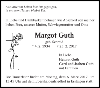 Traueranzeige von Margot Guth von Eßlinger Zeitung/Cannstatter Zeitung