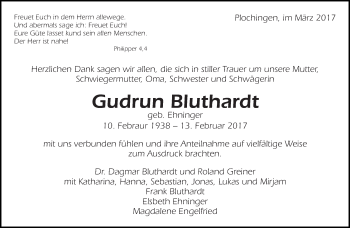 Traueranzeige von Gudrun Bluthardt von Eßlinger Zeitung/Cannstatter Zeitung
