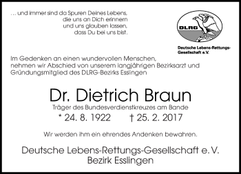Traueranzeige von Dietrich Braun von Eßlinger Zeitung/Cannstatter Zeitung