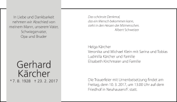 Traueranzeige von Gerhard Kärcher von Eßlinger Zeitung/Cannstatter Zeitung