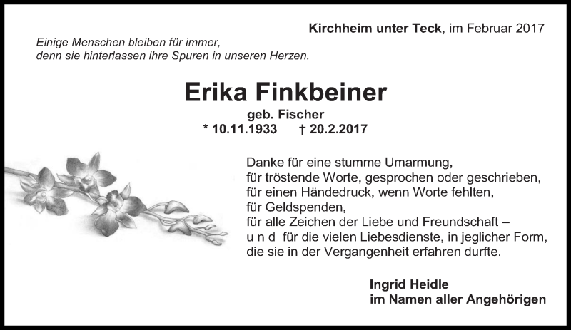  Traueranzeige für Erika Finkbeiner vom 04.03.2017 aus Eßlinger Zeitung/Cannstatter Zeitung