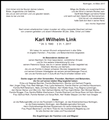 Traueranzeige von Karl Wilhelm Link von Eßlinger Zeitung/Cannstatter Zeitung