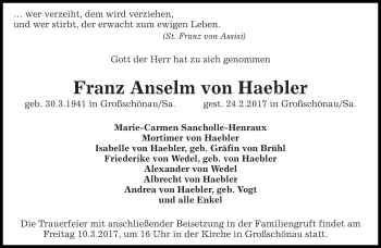 Traueranzeige von Franz Anselm von Haebler von Eßlinger Zeitung/Cannstatter Zeitung