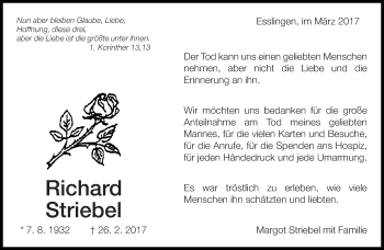 Traueranzeige von Richard Striebel von Eßlinger Zeitung/Cannstatter Zeitung