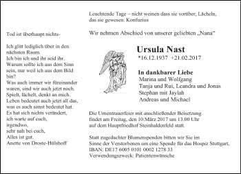 Traueranzeige von Ursula Nast von Eßlinger Zeitung/Cannstatter Zeitung