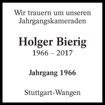 Traueranzeige von Holger Bierig von Eßlinger Zeitung/Cannstatter Zeitung
