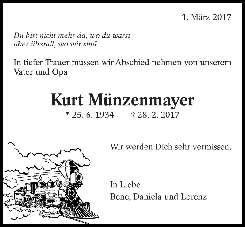  Traueranzeige für Kurt Münzenmayer vom 01.03.2017 aus Eßlinger Zeitung/Cannstatter Zeitung